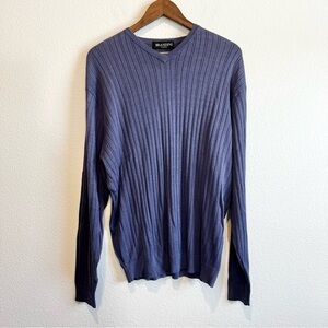 Brandini Le Collezioni Mens Blue Silk Cotton Long Sleeve VNeck Ribbed Sweater XL